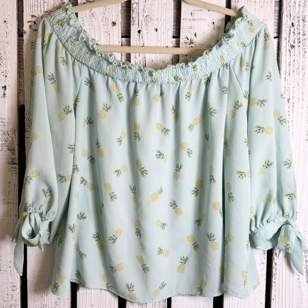 Lily White Tropical Pineapple Off Shoulder Top Size XL Blouse 3/4 Sleeve Resort
